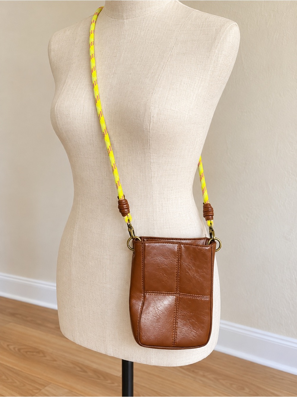 Universal Thread Brown Leather Crossbody with Yellow Rope Strap